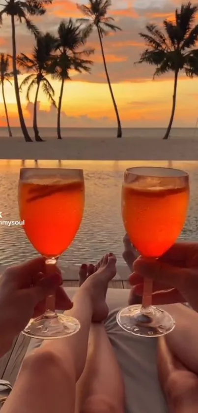 Tropical sunset with palm trees and two glasses raised by the pool.