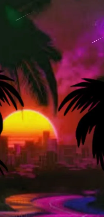 Vibrant tropical sunset cityscape wallpaper with palm trees.