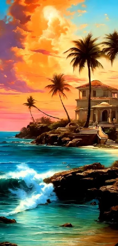 Tropical sunset with ocean and palm trees, vibrant sky wallpaper.