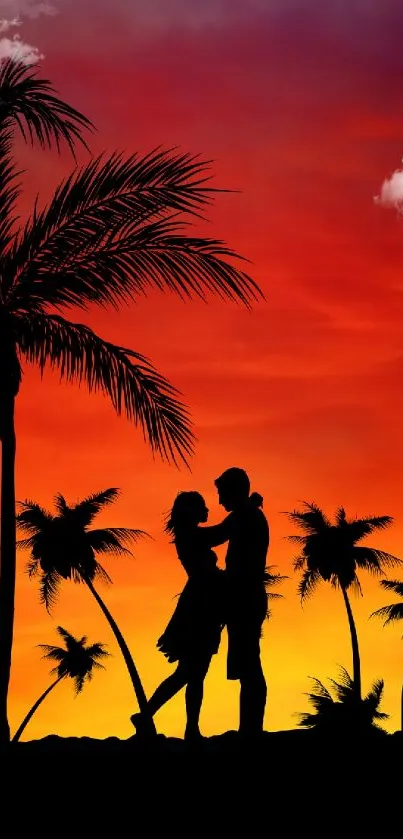 Romantic couple silhouetted against a tropical sunset with palm trees.