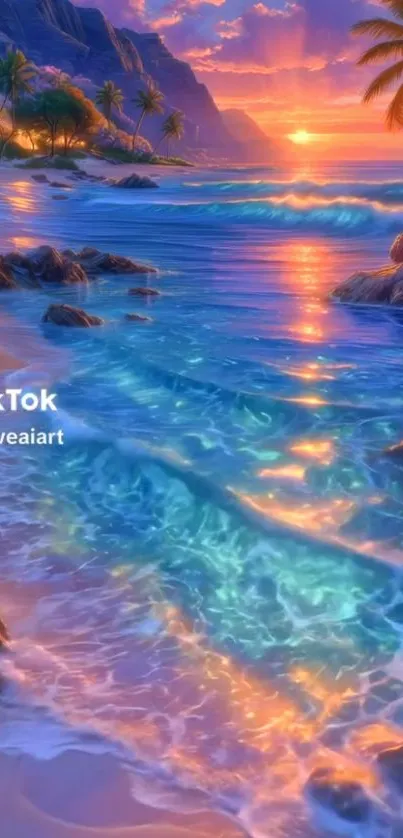 Vibrant digital artwork of a tropical sunset with palm trees and ocean waves.