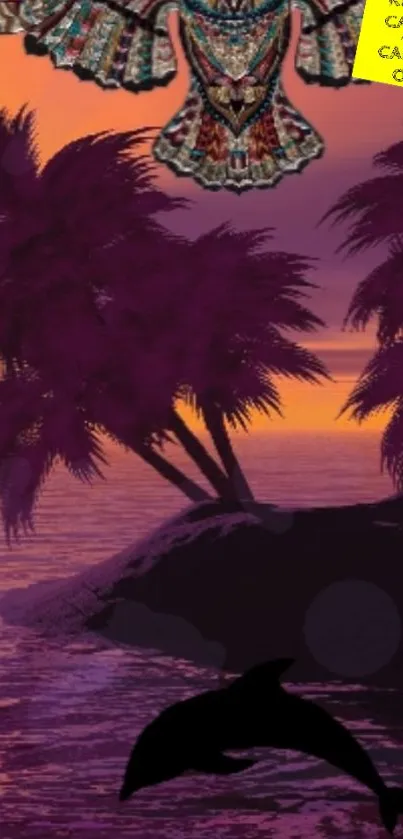 Vibrant mobile wallpaper with dolphin at tropical sunset.