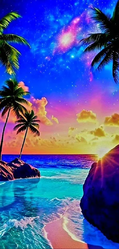 Vibrant tropical sunset with palm trees and ocean view.