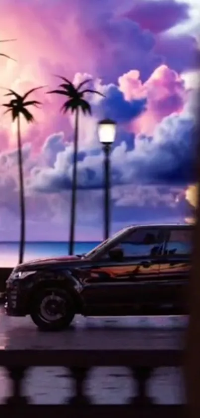 SUV driving against a vibrant tropical sunset with palm trees.