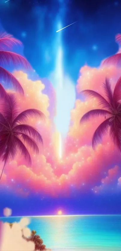 Fantasy tropical sunset wallpaper with vibrant colors and palm trees.