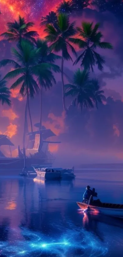 Fantasy tropical sunset with palm trees and boats on calm water.