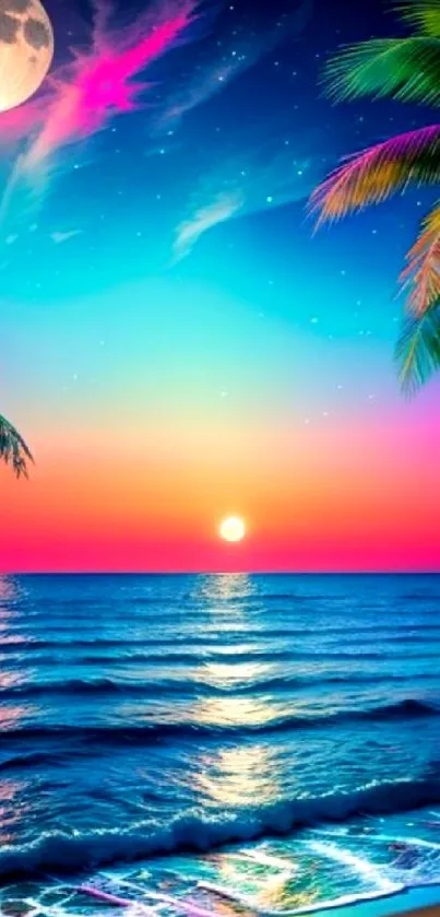 Tropical beach sunset with moonlit sky and palm trees.