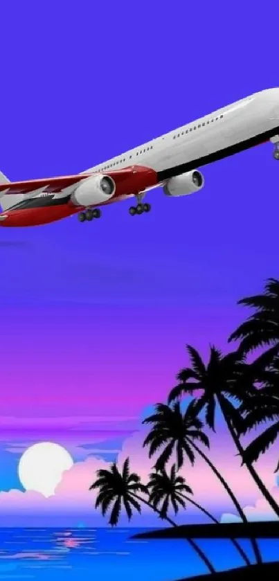 Airplane flying over a tropical sunset with palm trees and ocean.