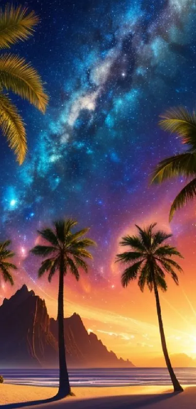 Tropical beach sunset with palm trees, vibrant sky, and starry galaxy.