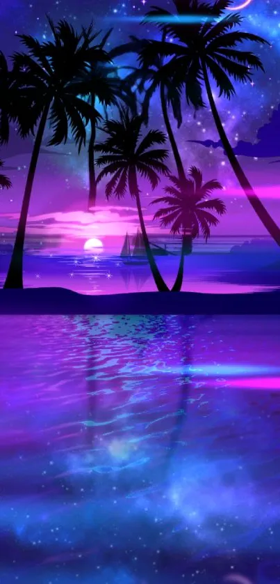 Tropical sunset with silhouetted palms and galaxy reflections on calm water.