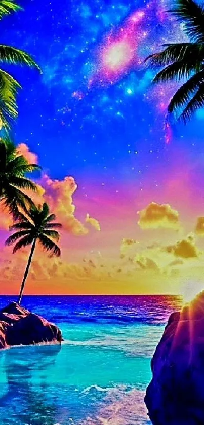 Tropical sunset with galaxy sky and palm trees on a mobile wallpaper.