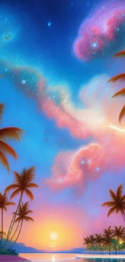 Tropical sunset beach with galaxy sky and palm trees on mobile wallpaper.