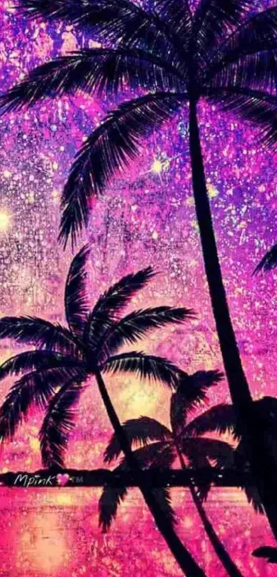 Tropical palm trees with galaxy sunset in pink and purple hues.