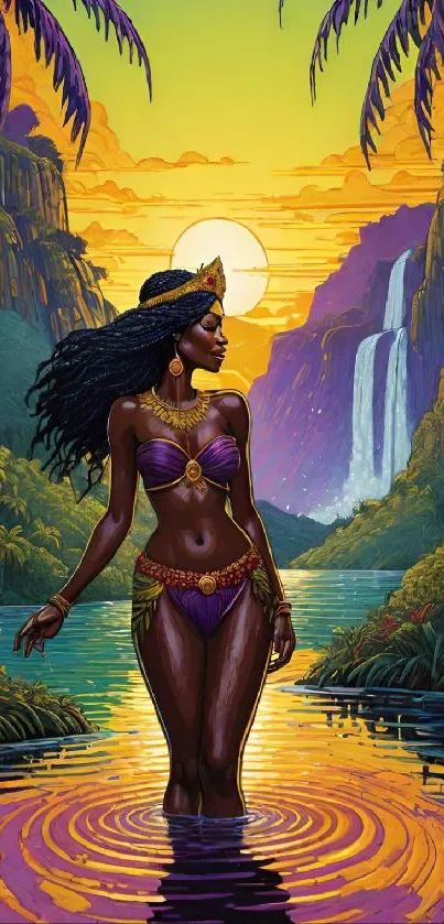 Illustrated goddess in tropical sunset with waterfalls and palms.