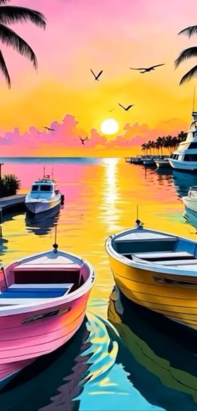 Tropical sunset harbor with colorful boats and palm trees.
