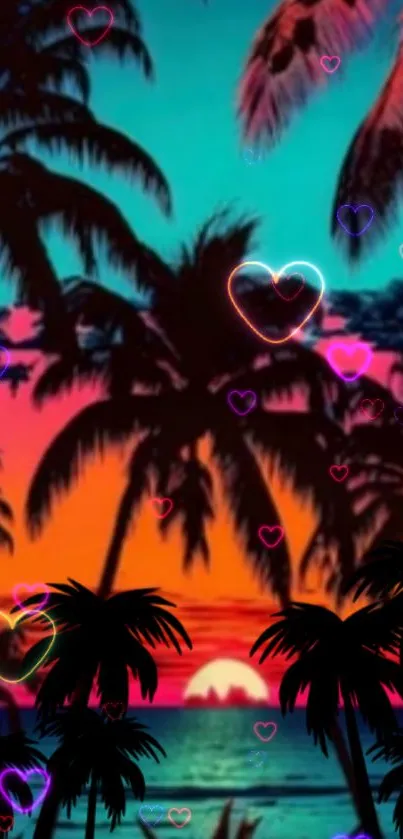 Tropical sunset wallpaper with palms and heart lights.