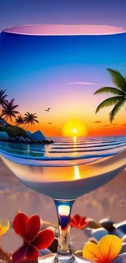 Tropical sunset beach scene within a wine glass, showcasing vibrant colors and palm trees.