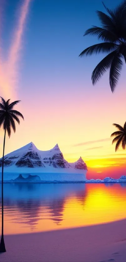 Tropical island with palm trees at sunset, vibrant colors and calm ocean.