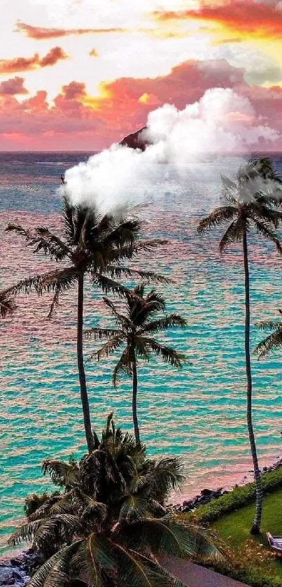 Tropical island sunset with palm trees and vibrant colors by the ocean.