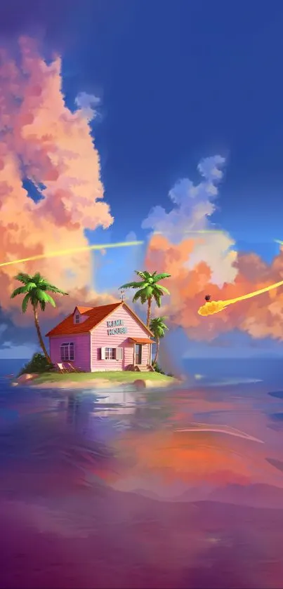 A small pink house on a tropical island with a colorful sunset sky.