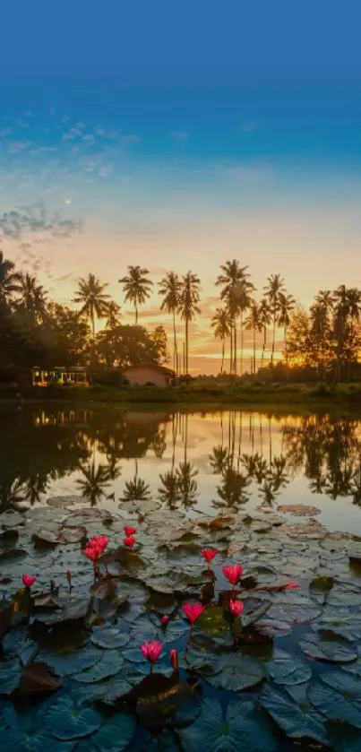 Tropical lake sunset with palm trees reflected in water.