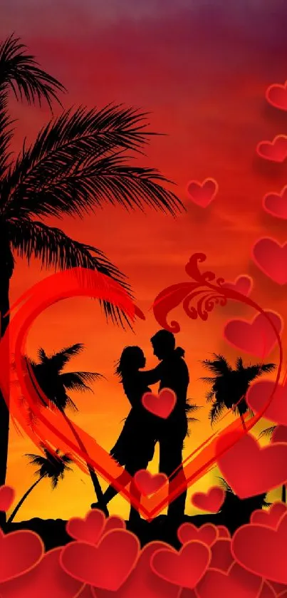 Romantic sunset with couple silhouette and hearts.