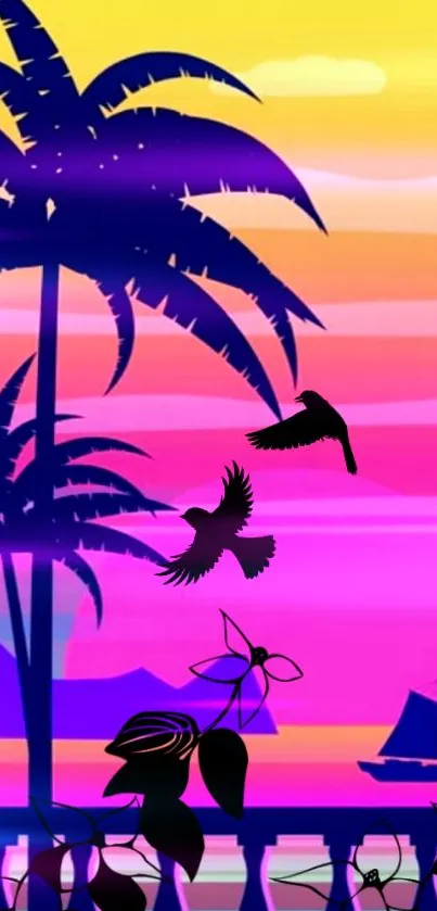 Vibrant tropical sunset with palm trees and birds.