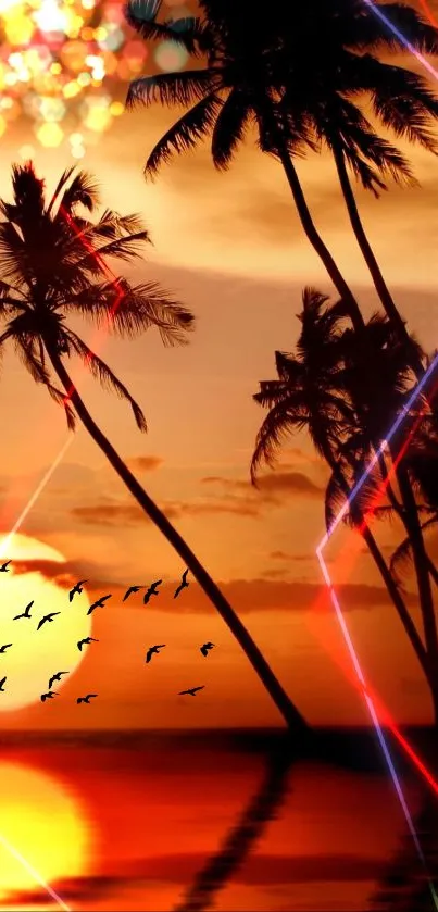 Tropical sunset with palm tree silhouettes on mobile wallpaper.