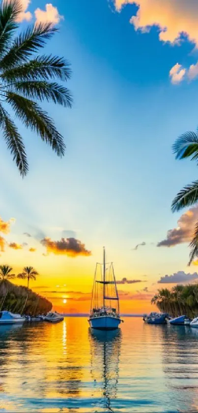 Tropical sunset with sailboat and palm trees on mobile wallpaper.