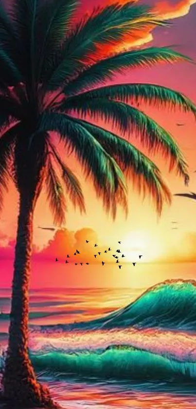 Vibrant sunset beach scene with palm and waves.