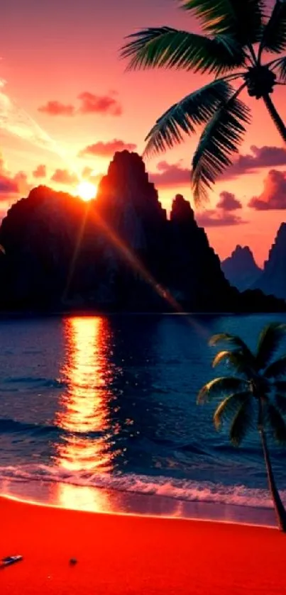 Tropical island sunset with palm trees and ocean view wallpaper.