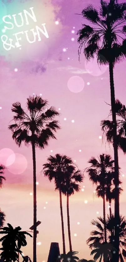 Palm trees silhouetted against a vibrant tropical sunset sky.