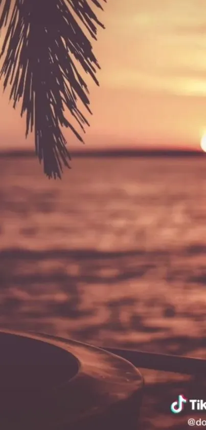 Sunset over ocean with palm silhouette and glowing horizon.