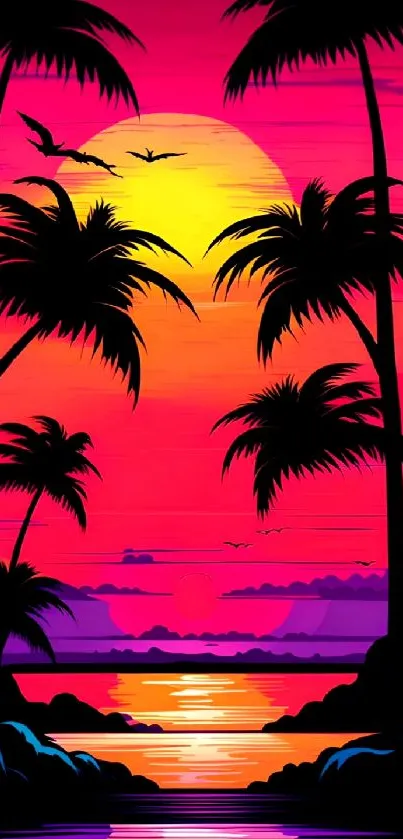 Vibrant tropical sunset with palm trees, ocean, and colorful sky.
