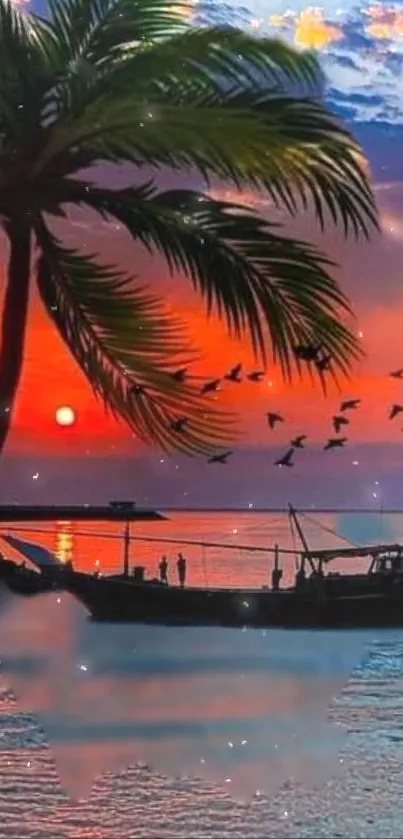 Tropical sunset wallpaper with palm and ship.