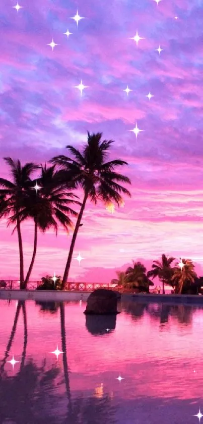 Purple sunset with palm trees and water reflection.