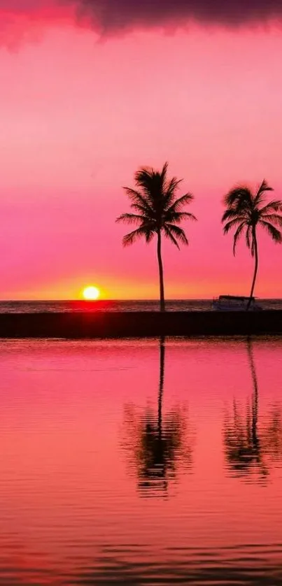 Tropical sunset with palm trees and ocean reflection.