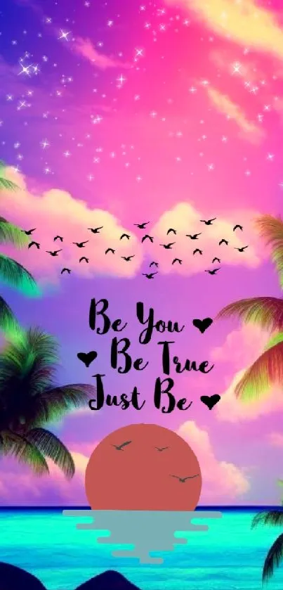 Colorful tropical sunset with palm trees and motivational quote.