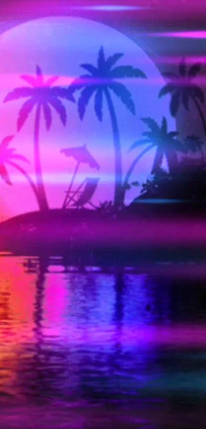 Vibrant tropical sunset wallpaper with neon palm trees reflection.