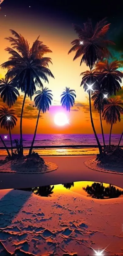 A tropical sunset scene with palm trees on a vibrant beach.