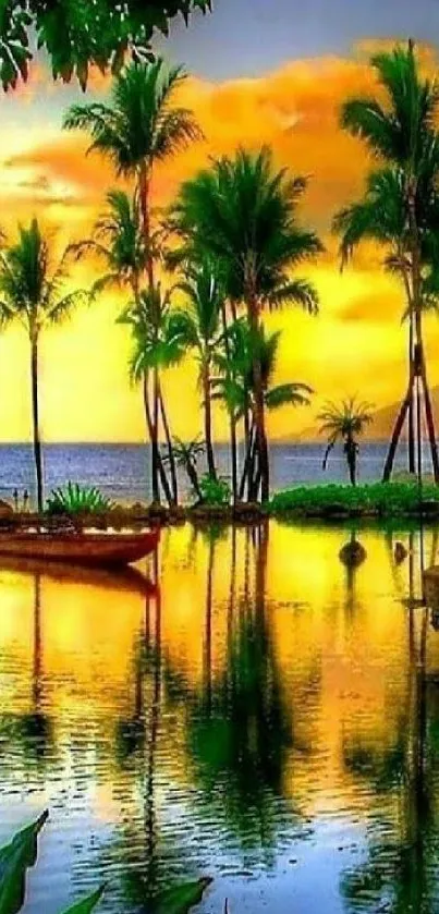 Tropical sunset with palm trees reflecting on water.