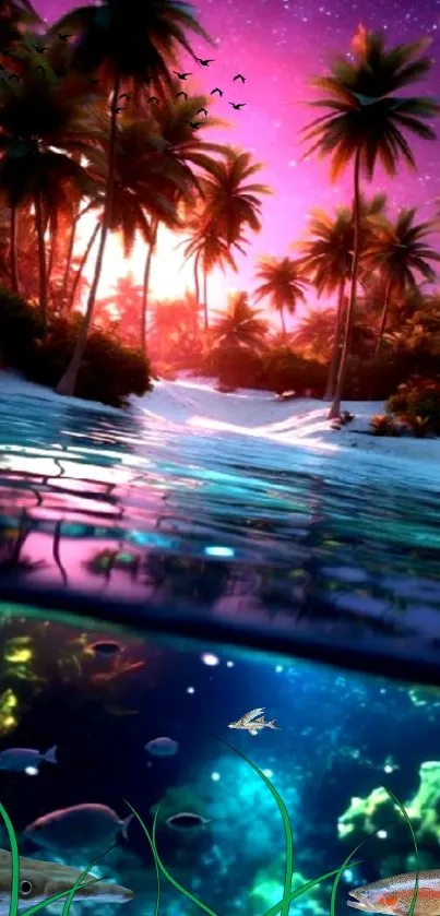 Tropical sunset ocean wallpaper with palm trees and vibrant marine life.