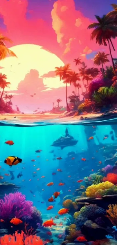 Tropical sunset ocean wallpaper featuring vibrant coral and marine life.