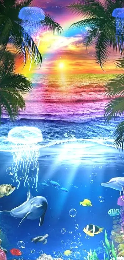 Tropical sunset with ocean view featuring dolphins and palm trees.