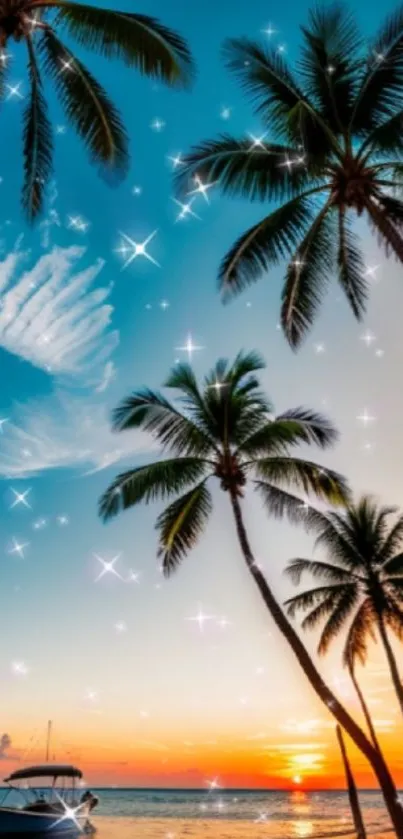 Tropical sunset with palms and sparkle stars over ocean.