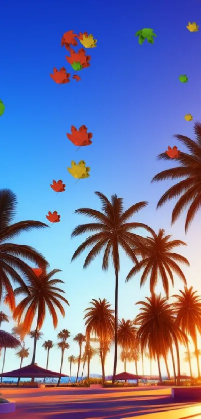 Vibrant tropical sunset with palm trees casting shadows.