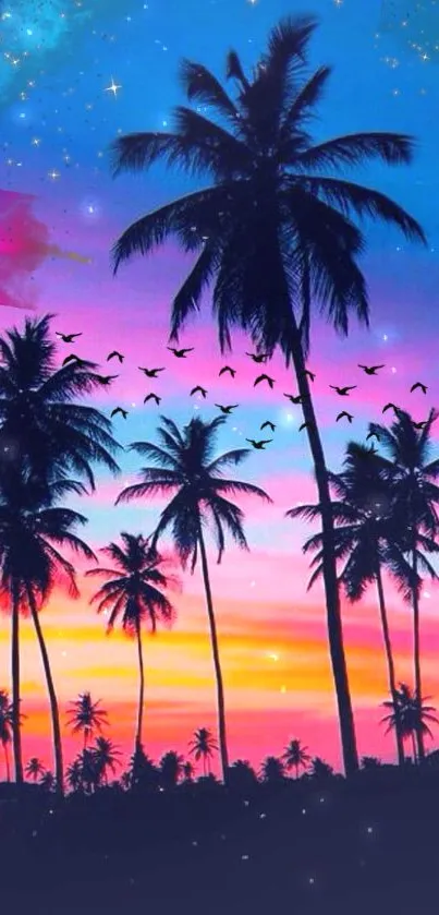 Vibrant tropical sunset with silhouetted palm trees.