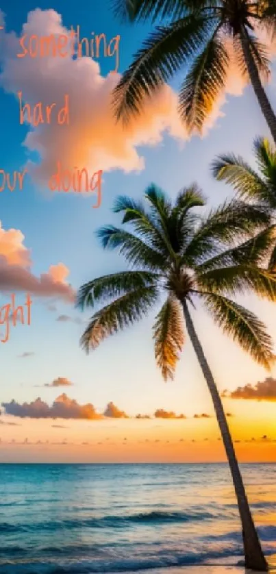 Tropical sunset with palm trees and inspirational quote.