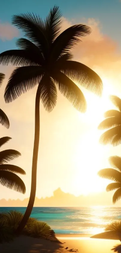 Tropical sunset with palm trees on a serene beach.