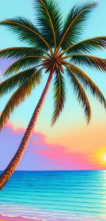 Palm tree at sunset with ocean waves and colorful sky.